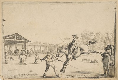 En rideskole, en rytter med sverdhopping regissert av en annen mann med sverd i..., ca. 1645. av Stefano della Bella
