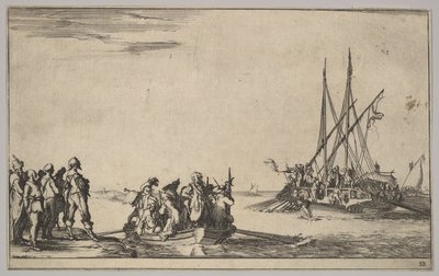 En robåt full av menn i midten, en gruppe menn som står på land til venstre, et skip fullt av ..., 1639. av Stefano della Bella