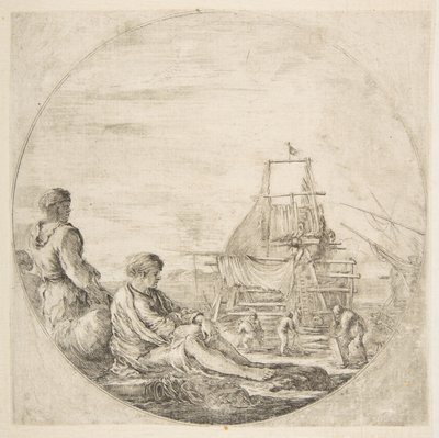 En sittende hvit sjømann og en stående svart sjømann, folk som bygger et skip i bakkant..., ca. 1660. av Stefano della Bella