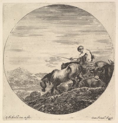 En hyrde til høyre, vendt mot venstre, kjører en gruppe dyr nedoverbakke, en rund komp..., ca. 1643-48. av Stefano della Bella