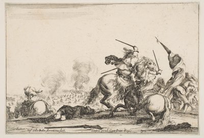 En trefning, to ryttere som kjemper med sverd til høyre, menn som bærer et flagg..., ca. 1645. av Stefano della Bella