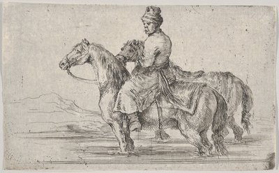 En betjent som tar to hester for å bade, sitter på toppen av en hest i en elv, den andre ved siden av..., ca. 1662. av Stefano della Bella