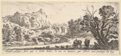 En foss som går ned fra fjellene i midten av bakgrunnen, forskjellige dyr og..., ca. 1641. av Stefano della Bella