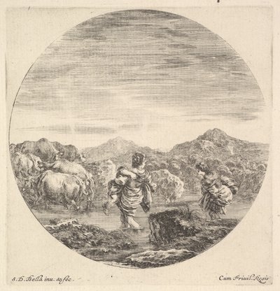 En kvinne som bærer et barn i midten, sett bakfra, en annen kvinne til høyre, ansikt..., ca. 1643-48. av Stefano della Bella