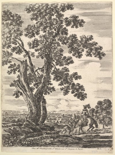 En kvinne på hesteryggen sett bakfra ned en bakke til høyre, et stort tre ..., ca. 1652-57. av Stefano della Bella