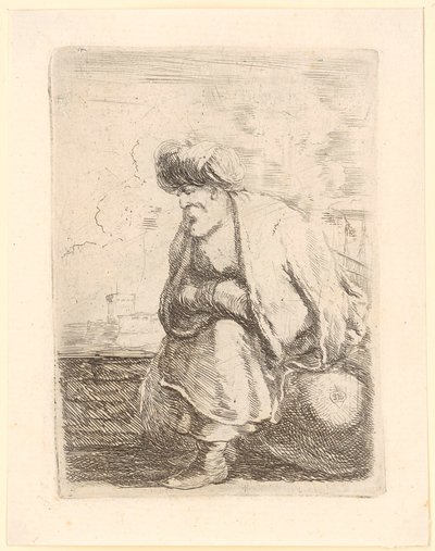 En gammel tyrker med frakk og turban sitter på en stein av Stefano della Bella