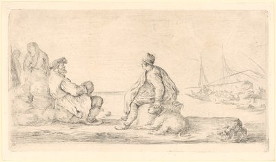 En eldre og en yngre sjømann sitter ved strandkanten av Stefano della Bella