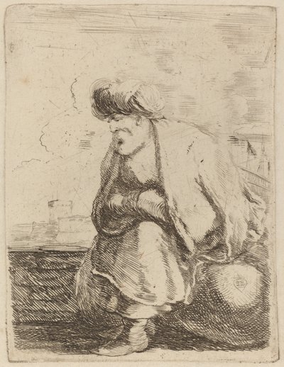 En gammel tyrker med turban på en stein av Stefano della Bella