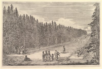 En allé med fontener, en gruppe mennesker, fra «Utsikter over villaen i Pratolino» av Stefano della Bella