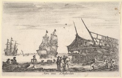 En annen utsikt over Amsterdam Autre vue dAmsterdam, en gruppe på fire menn står i sentrum på ..., 1647. av Stefano della Bella