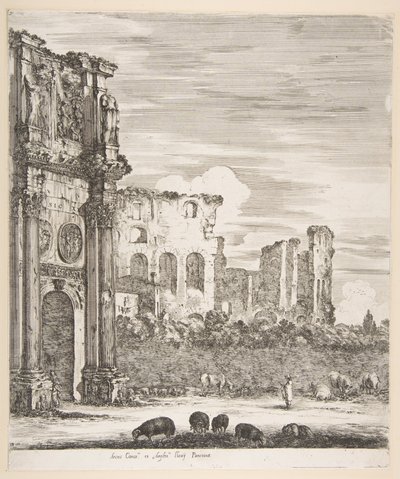 Konstantinbuen og Colosseum med sauer som beiter i forgrunnen, fra seks store utsikter..., 1656. av Stefano della Bella