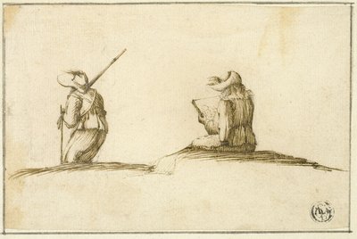 Kunstnerskisse og soldat, begge sett bakfra av Stefano della Bella