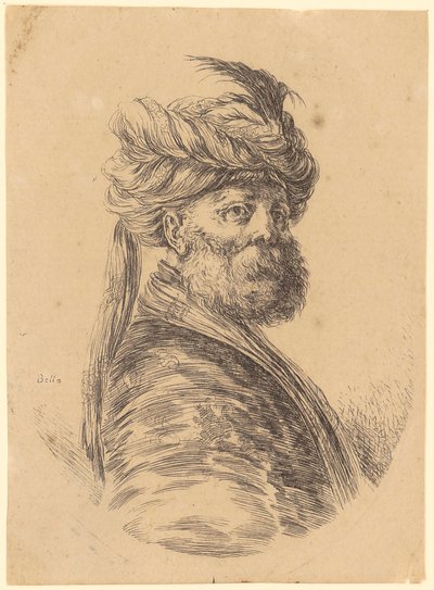 Skjeggete mann med turban i trekvartprofil mot høyre av Stefano della Bella