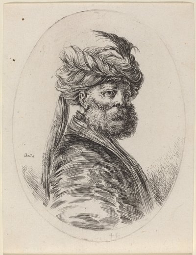 Skjeggmyr i en fjærkledd turban med slør, vendt mot høyre, 16491650. av Stefano della Bella
