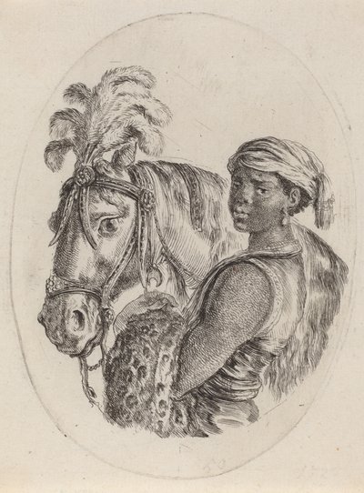 Svart brudgom med en arabisk hest, 16491650. av Stefano della Bella