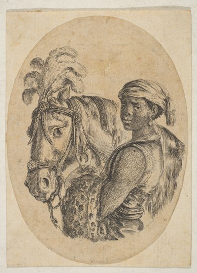 Svart slave bærer et leopardskinn og holder hodelaget til en hest, fra Flere hoder..., 1649-50. av Stefano della Bella