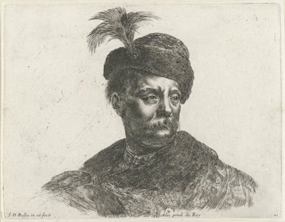 Byste av en polsk mann med bart og lue med fjære Grunnleggende om tegning (serietittel) I principii del disegno (serietittel) av Stefano della Bella