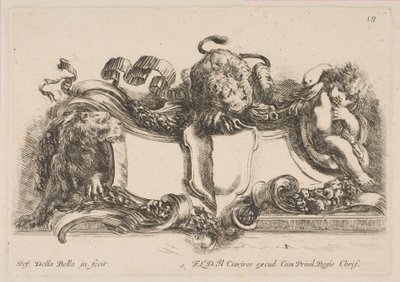 Kartusj som inneholder et tomt skjold overbygd av en løve og innrammet av en løve og et barn, 1646. av Stefano della Bella