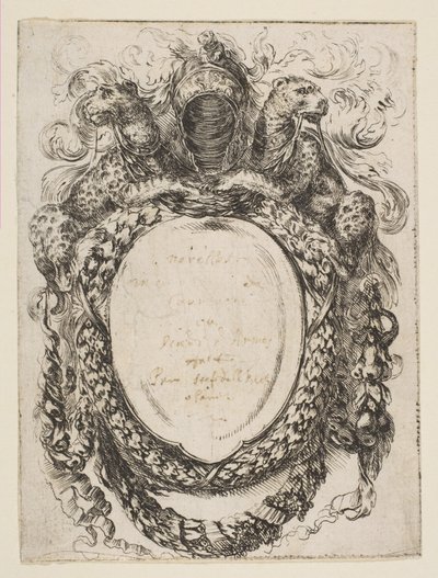 Cartouche kronet av hjelm og leoparder, 1647. av Stefano della Bella