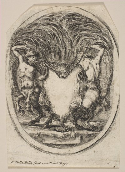 Cartouche dannet av et tigerskinn flankert av to kentaurer, 1647. av Stefano della Bella