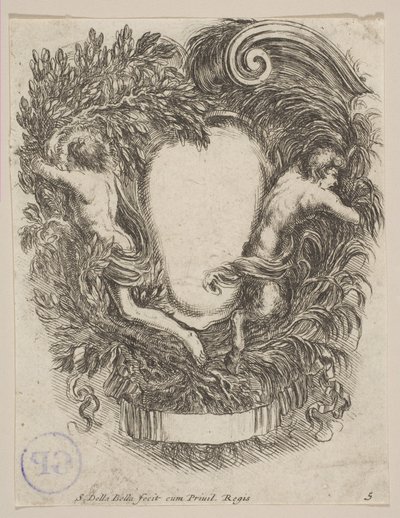 Kartusj innrammet av Apollo og Pan, 1647. av Stefano della Bella