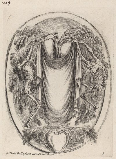 Kartusj i form av et drapere hengt opp fra en sypress flankert av skjeletter, 1647. av Stefano della Bella