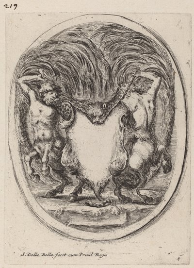 Cartouche i form av en flået tiger støttet av kentaurer, 1647. av Stefano della Bella