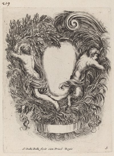 Cartouche med Apollo og Pan av Stefano della Bella