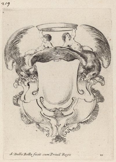 Kartusj med ørner og to spedbarn som holder en krone, 1647. av Stefano della Bella