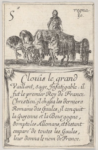 Clovis le grand Vaillant, vismann..., fra Game of the Kings of France Jeu des Rois de F..., 1644. av Stefano della Bella