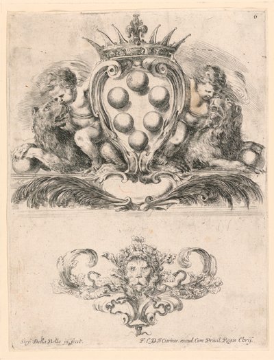 Coat of Arms of the Grand Duke of Toscana: Ornament with a Lion Mask, nr. 6 fra "Samling av diverse capriccii et ni oppfinnelser av mapper og ornamenter" av Stefano della Bella