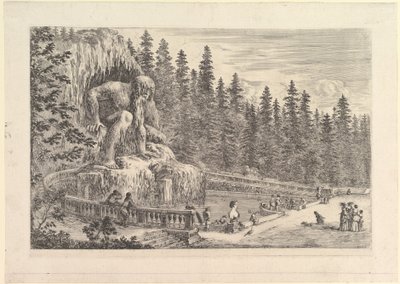 Kolossal statue av Appenino av Giambologna til venstre, representert som en gigantisk crouchi..., ca. 1653. av Stefano della Bella