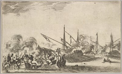 Kamp mellom flere robåter og skip, to grupper menn i robåter som kjemper til venstre..., 1639. av Stefano della Bella