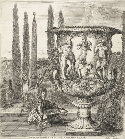 De unge Cosimo III de Medici tegnet av Medici-vaas Roma, i hagene til Medici, en eksepsjonell marmor (tittel på objekt) Visninger av Roma og omgivelser (serietittel) Six grandes vues, dont quatre de Rome et deux de la Campagne romaine (serietittel) av Stefano della Bella