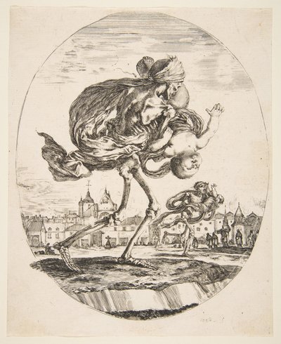 Death Carrying an Infant, fra De fem dødsfallene Les cinq Morts, ca. 1648. av Stefano della Bella