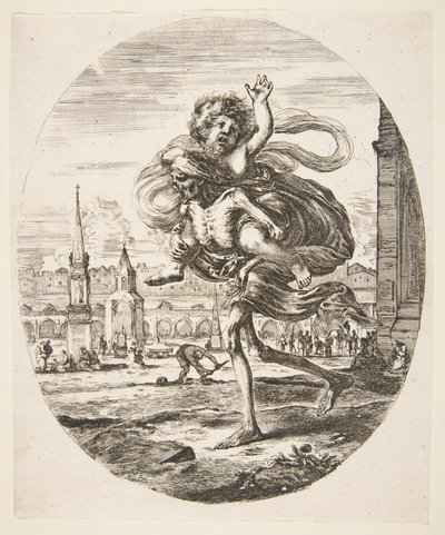 Døden som bærer et barn, fra De fem dødsfallene Les cinq Morts, ca. 1648. av Stefano della Bella