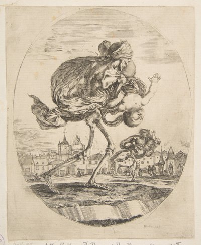 Død som bærer et spedbarn, fra The five deaths Les cinq Morts, ca. 1648. av Stefano della Bella