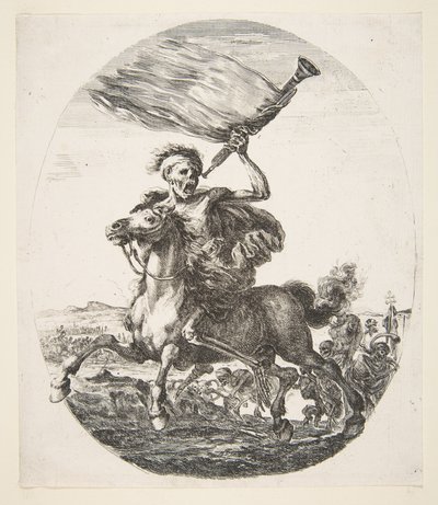 Døden på hesteryggen holder en trompet, fra The five deaths Les cinq Morts, ca. 1648. av Stefano della Bella