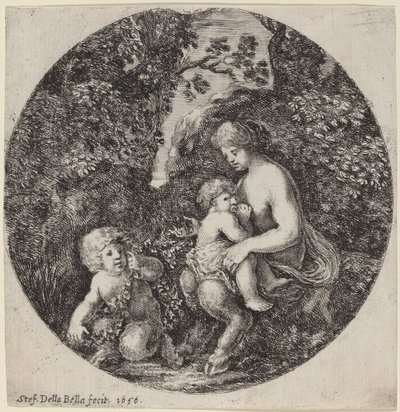 Kvinnelig Satyr som ammer et barn i et skogslandskap av Stefano della Bella