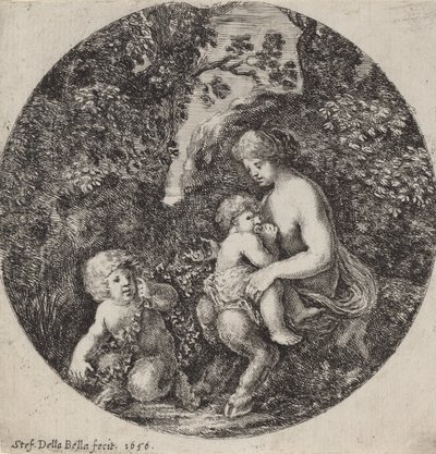 Kvinnelig Satyr som ammer et barn i et skogslandskap, 1656. av Stefano della Bella