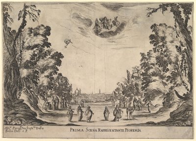 Første scene, i Firenze, fra gudenes ekteskap Le nozze degli Dei, 1637. av Stefano della Bella
