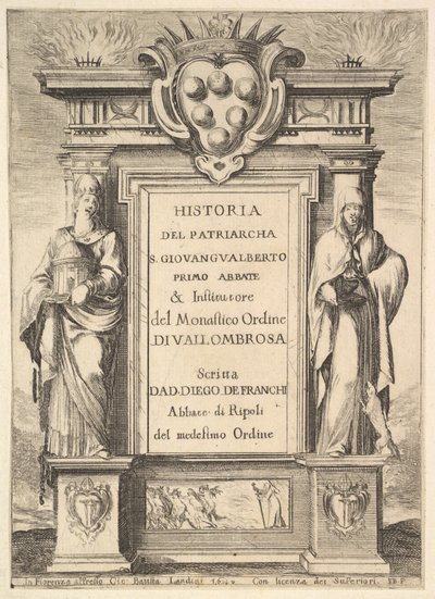 Frontispice: et monument dekorert med Medicis våpenskjold øverst i midten, flammer a..., 1640. av Stefano della Bella
