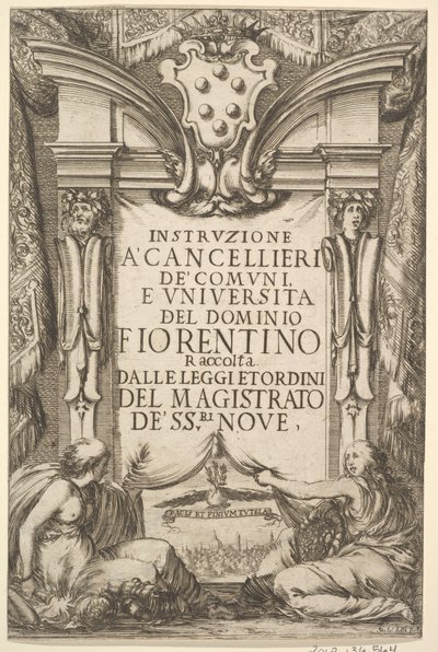 Frontispice for Instructions for Chancellors Instruzione a Cancellieri: Medici-frakk ..., 1635. av Stefano della Bella
