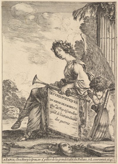 Frontispice for dikt av Desmarets Oeuvres poétiques de Desmarets: a winged woman rep..., 1641. av Stefano della Bella