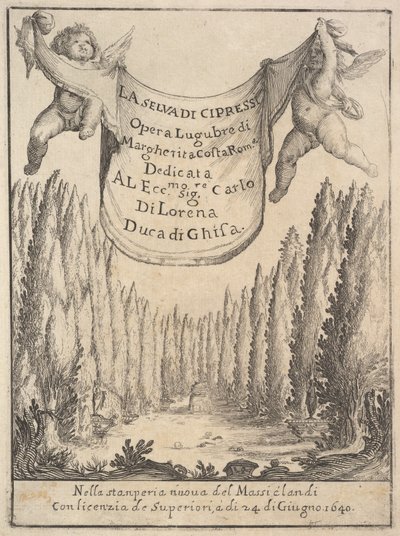 Frontispice for The Cypress Forest La selva di cipressi: to putti holder et billedvev i..., 1640. av Stefano della Bella