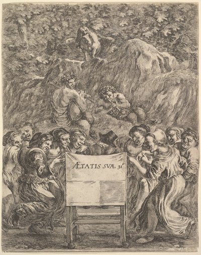 Frontispice for The Works of Scarron uvres de Scarron, poeten sittende i en stol..., 1649. av Stefano della Bella