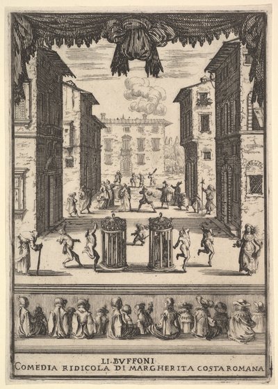 Frontispice for komedien The Buffoons Li Buffoni, et sett på scenen som ligner en pu..., 1639-41. av Stefano della Bella