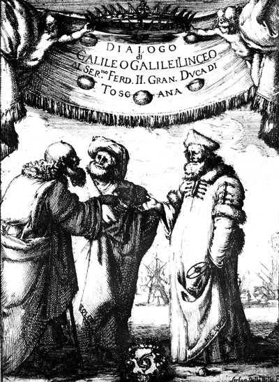 Frontispice av Galileos Dialogue of the Maximum Systems, 1632 av Stefano della Bella