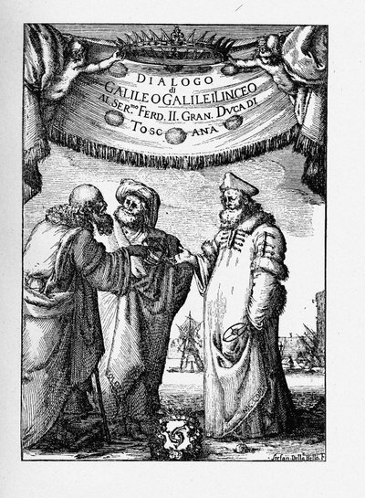 Frontispice av dialogen om de to viktigste verdenssystemene av Galileo Galilei, 1632 av Stefano della Bella