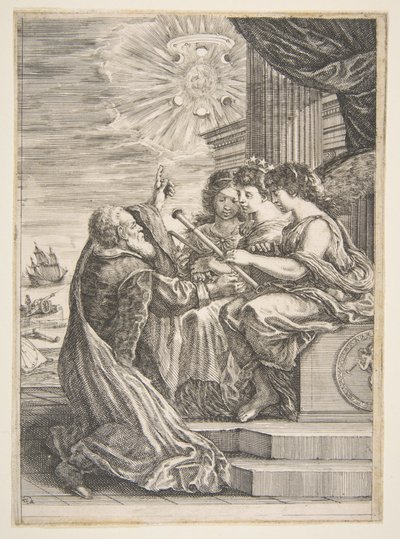 Galileo og personifikasjoner av astronomi, perspektiv og matematikk, frontispice for '..., 1656. av Stefano della Bella